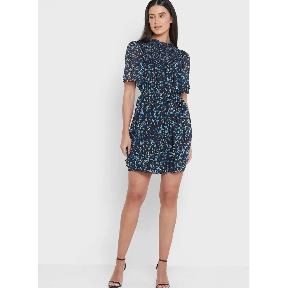 French Connection Floral Smocked High Neck Mini Dress Black Blue Green XS